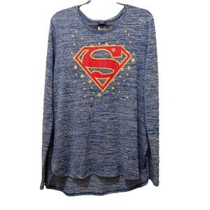 Superman Sweater Pullover Blue Heather Tunic Gold Stars Women’s XL VTG style
